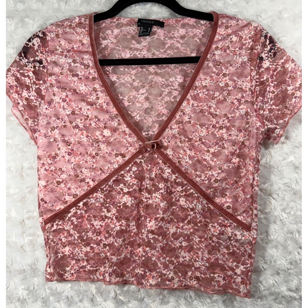 Forever 21 Womens M Pink Floral Mesh V-Neck Velvet Trim Short Sleeve Crop Top